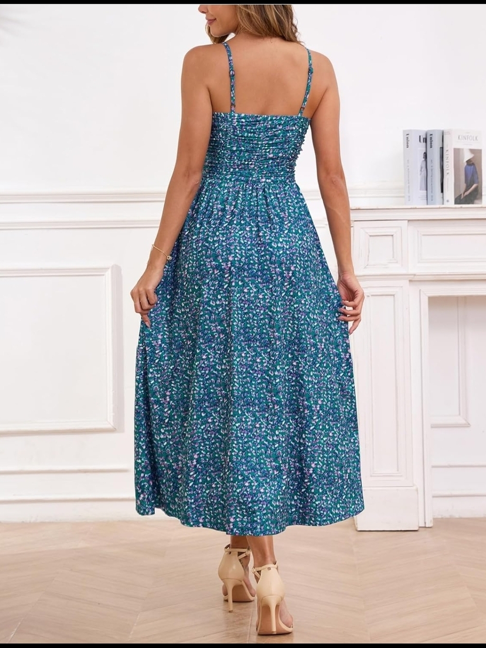 Teal Floral Maxi Dress with Spaghetti Straps - Picture 2 of 5